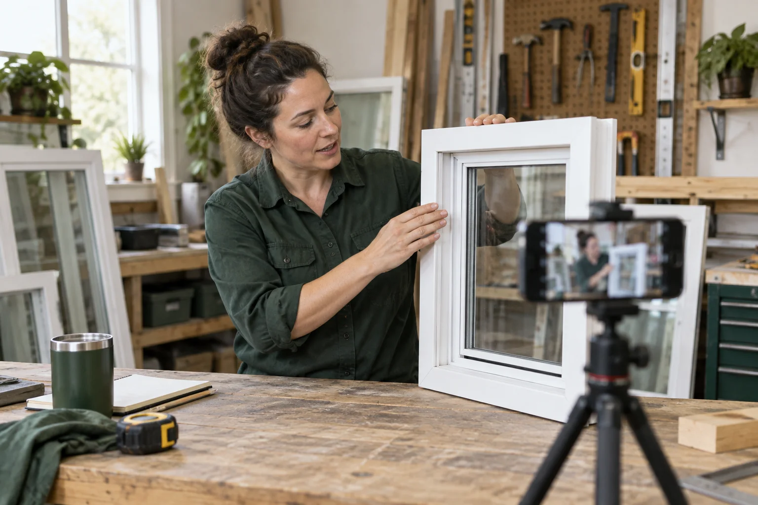 Illustration of a business owner explaining a window sample while a smartphone on a tripod records in a workshop