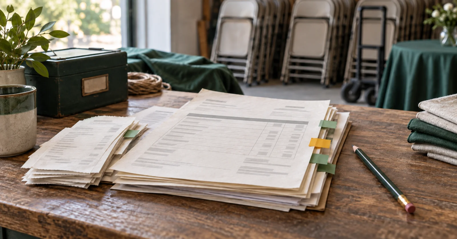Paper quotes and receipts aligned with green and amber tabs on a rental workshop table, with folding chairs behind them