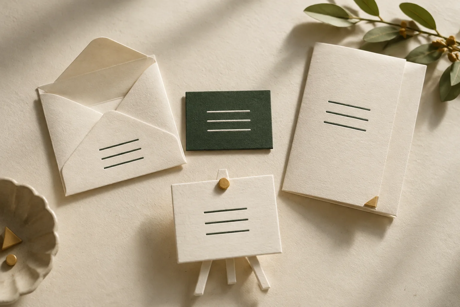 A green instruction card beside an envelope, report and presentation, each carrying the same pattern of short green lines