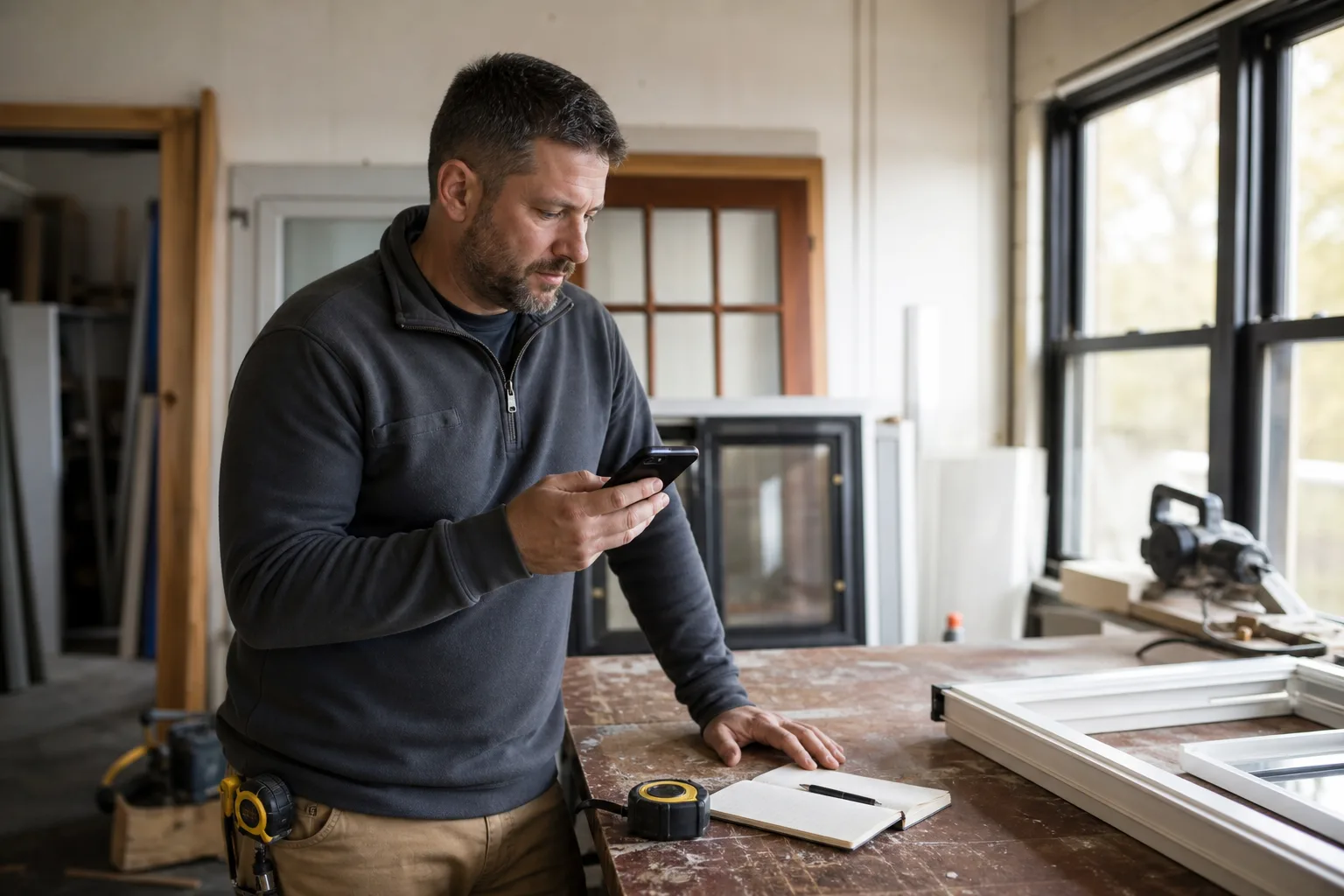 Window and door contractor reviewing a new customer inquiry on his phone in a working showroom
