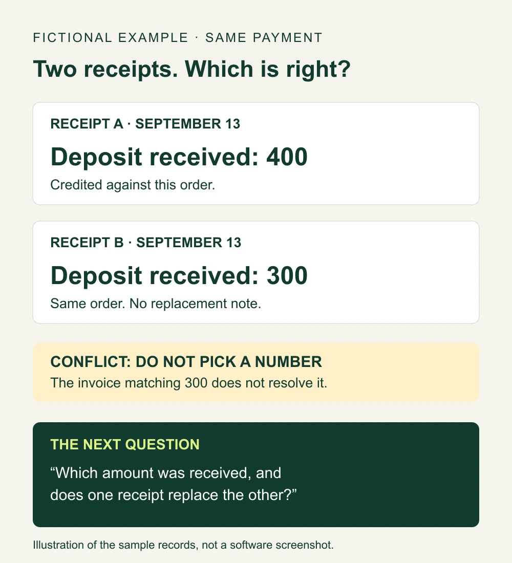 Two fictional receipts for the same September 13 payment show 400 and 300. Neither replaces the other. Ask which amount was received and whether a receipt was corrected.