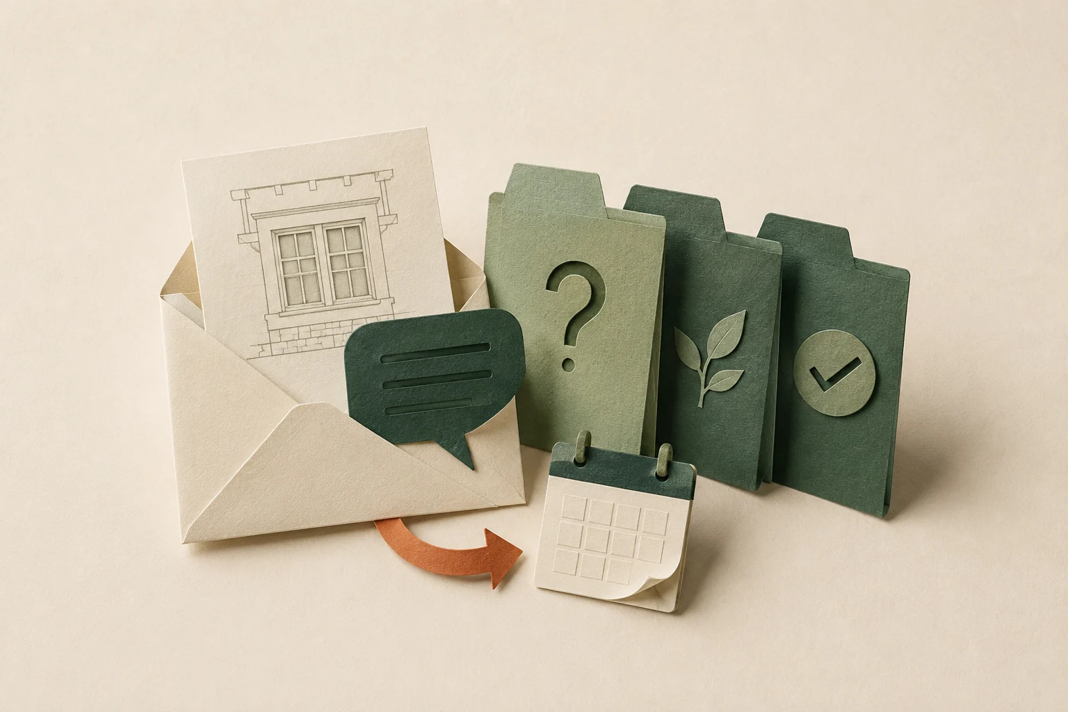 Paper illustration of a window estimate in an envelope, a reply bubble, a calendar and folders for follow-up decisions