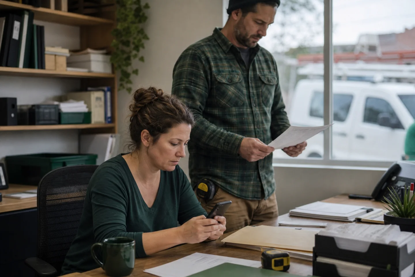 Illustrative contractor office team reviewing a customer inquiry