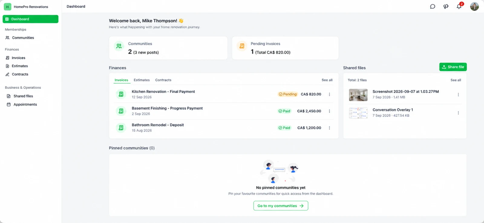 Customer portal dashboard with invoices, estimates, contracts and shared files